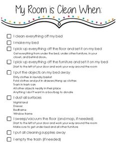 a printable cleaning checklist with the words'my room is clean when '