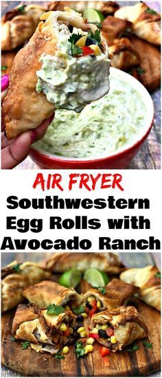 air fryer southwestern egg rolls with avocado ranch recipe on top and in the bottom