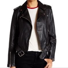 Brand New Worn Once Too Big For Me Classic Black Biker Jacket For Spring, Edgy Black Leather Jacket For Fall, Black Biker Jacket For Fall, Edgy Black Leather Jacket For Workwear, Edgy Black Leather Jacket For Work, Black Moto Leather Jacket For Spring, Black Moto Leather Jacket For Work, Black Leather Jacket, Black Leather