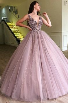 V Neck Ball Gown, Mauve Prom Dress, Gaun Tulle, Gorgeous Prom Dresses, Stunning Prom Dresses, Custom Prom Dress, Plus Size Formal, Beaded Tulle, Prom Dresses Sleeveless