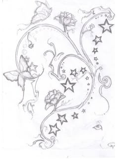 a tattoo design with flowers and stars on it