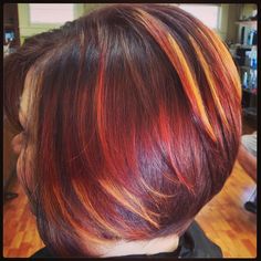 Red With Orange Highlights, Red Brown Hair Black Women, Fall Color Highlights For Black Women, Orange Blaze Hair Color On Black Women, Vivid Red Hair Color On Black Women, Fall Hair Dye, Red Orange Yellow Peekaboo Hair, Hair Red Highlights, Black Red Orange Yellow Hair