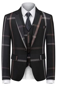 Kori Formal Black Notched Lapel Three Pieces Men Suits For Business Fitted Plaid Three-piece Suit, Elegant Plaid Three-piece Suit For Business, Elegant Tailored Plaid Three-piece Suit, Elegant Tailored Three-piece Plaid Suit, Pieces Men, 1d Imagines, Formal Business, Tuxedo Wedding, Tuxedo For Men