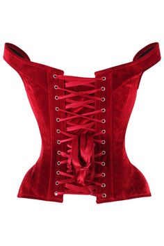 Fullbust corset made of premium velvet fabric Front Busk Closure Sweetheart Neckline Adjustable Straps 6" Modesty Panel Spiral Steel Bones throughout body of corset Flat steel bones at front and back Ribbon lace-up back for cinching Waist Tape Hand Wash Elegant Red Underbust Corset, Red Fitted Corset With Sweetheart Neckline, Elegant Red Fitted Corset Belt, Elegant Red Corset Belt For Party, Red Corset Back Dress, Velvet Corset Dress With Boned Bodice, Velvet Corset Dress For Costume Party, Red Strapless Corset With Corset Back, Red Corset With Boned Bodice And Sweetheart Neckline