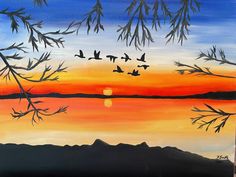 a painting of birds flying over a lake at sunset