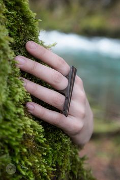 a person's hand on top of a moss covered wall with a small piece of wood sticking out of it