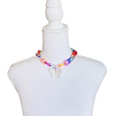 Rainbow Multicolor Plastic Block Chain Iridescent Butterfly Necklace One Size Nwot - Never Worn Rave Festival Edm Jewelry Accessories Clear Y2k Necklace Punk Rock Cute Kawaii Holographic Choker, Iridescent Butterfly, Y2k Necklace, Block Chain, Halloween Necklace, Heart Choker, Turtle Pendant, Rave Festival, Pink Rainbow