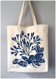 Sea Bouquet - cotton canvas tote bag - made in USA Blue Canvas Tote Bag, Ocean Bouquet, Dark Blue Screen, Tote Bag Illustration, Ocean Tote Bag, Diy Screen Printing, Canvas Bag Design, Duck Bag, Retail Bags