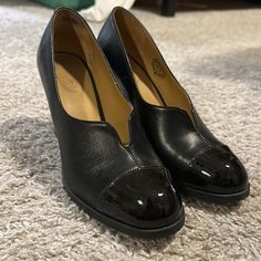 John Fluevog Classy Black Heels. Size 9.5 Fits A Little Small. More Of A 9 Than A 9.5. Worn Twice For A Handful Of Hours. Black Heels With Branded Heel Counter For Work, Classic Black Heels For Office, Closed Toe Patent Leather Heels For Work, Black Round Toe Heels For Work, Black Court Shoes For Business With Reinforced Heel, Business Court Shoes With 4-inch Heel And Round Toe, Classic Black High Heels, Black Almond Toe Heels For Work, Black Patent Leather Heels For Work