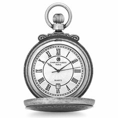 "PRODUCT DESCRIPTION This classic Charles Hubert pocket watch combines ornate vintage antique silvertone pattern with modern quartz mechanism. A shield on the front cover can be engraved with initials, with a round area on the back for a short inscription, available free of charge! Inside, the watch features a white dial with black Roman numerals, hands, and subdial. The watch comes with a matching 12\" chain and is packaged in a signature Charles Hubert gift box. PRODUCT INFORMATION Antique sil Liquor Flask, Flask Set, White Watch, Pocket Watch Chain, Pocket Watches, Watch Chain, Black Hand, Antique Finish, Watch Movement