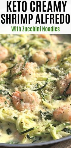 shrimp alfredo with zucchini noodles and spinach in a white sauce on a plate