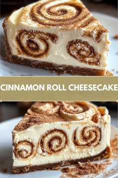 cinnamon roll cheesecake on a white plate