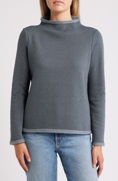 A wide funnel neck and slightly belled cuffs add to the instant-favorite allure of this polished sweatshirt made from midweight fleece that's a perfect balance of cozy and breathable. 22 1/2" length Funnel neck Long sleeves 60% cotton, 40% polyester Machine wash, line dry Imported Everyday Winter French Terry Tops, Fleece Funnel Neck Top For Fall, French Terry Sweater For Layering, Fleece Turtleneck Tops With Ribbed Cuffs, Fleece Sweater For Layering, Fabric Gift Bags, Fleece Sweatshirt, Nordstrom Store, Fabric Gifts