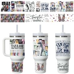 three travel mugs with different pictures and words on the front, one has a straw in it