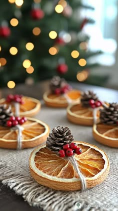 small orange slices with pine cones on top