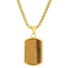 Men's 18k gold plated stainless steel and tiger eye dog tag pendant Dog Tag Pendant, Chunky Chain Necklaces, Skull Pendant, Tiger Eye Stone, Eye Stone, Accessories Jewelry Necklace, Dog Tag, Gold Plated Chains, Tiger Eye