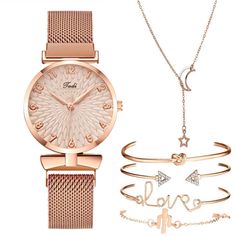 Description: Look great, feel wonderful and sophisticated, wearing this luxuriously beautiful, stylish, and gorgeous gold tone and oval dial watch. And, you also have the option select the 6 pieces jewelry and watch set including, wrist watch, necklace, and four (4) bracelets. With this selection of watch set, you will have a totally beautiful and well coordinated jewelry set to wear and enjoy! This is an excellent choice of stylish stainless steel watch that comes with the option for an exquisi Bracelet Set Silver, Pink Watch, Brown Bracelet, Gift Sets For Women, Rose Gold Watches, White Bracelets, Watch Bracelet, Black Bracelets, Band Bracelet