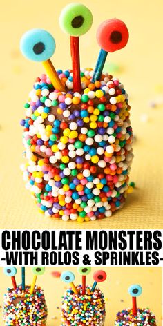 chocolate monsters with rods and sprinkles in a cup that is made out of candy