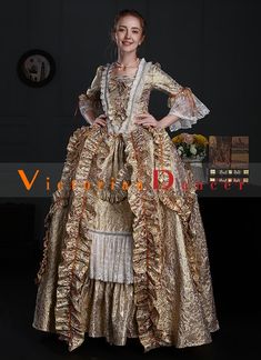 Medieval Renaissance Gold Floral Baroque Rococo Marie Antoinette Dress     Condition: Brand New   Color:Gold   Material: This dress made of High Quality Brocade, soft,smooth and comfortable to wear   Sleeve Length: Long Flare Sleeve   Dresses Length:Floor-Length   Neckline: amp;nbsp; Square Neck   Decoration: Ruffles + Lace + Bow   Package Includes: One Dress     The length of skirt about 45 inches (114 cm) long from waist to hem regardless of size. This dress is pictured with a 3-hoop bustle Pe Baroque Historical Design Gown For Costume Party, Vintage Baroque Gown For Costume Party, Historical Baroque Gown For Costume Use, Baroque Gown With Historical Design For Costume, Rococo Gown For Costume Party With Historical Design, Rococo Gown For Costume Party, Floor-length Victorian Rococo Dress For Costume, Victorian Rococo Floor-length Costume Dress, Rococo Style Victorian Floor-length Costume Dress