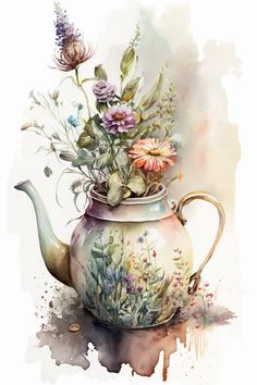 a painting of a teapot with flowers in it and watercolor splashs on the side