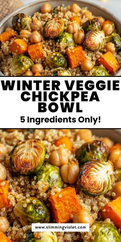 Packed with seasonal veggies and protein-rich chickpeas, this Winter Veggie Chickpea Bowl is a nourishing option for cold days. Save this pin for an easy plant-based dinner idea! Winter Recipe Vegetarian, New Years Healthy Eating Plan, Winter Veggie Recipes, Vegan Bowls Recipe Plant Based, Whole Foods Vegetarian Recipes, Budget Friendly Vegetarian Meal Plan, Meatless Winter Meals, Warm Bowls Healthy, Fall Recipes Dinner Vegetarian