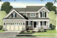 this is an artist's rendering of the front elevation of these country home plans