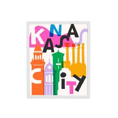 an art print with the words kansas in different colors and designs on it's white frame