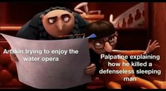 an animated image of two people holding up a piece of paper with the caption, arakin trying to enjoy the water opera