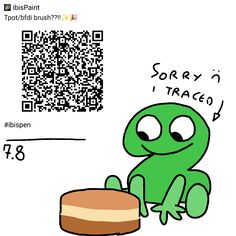 a cartoon character sitting next to a piece of cake with qr code on it