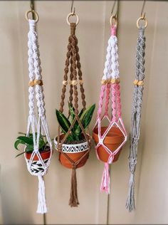 four macrame plant hangers with plants in them