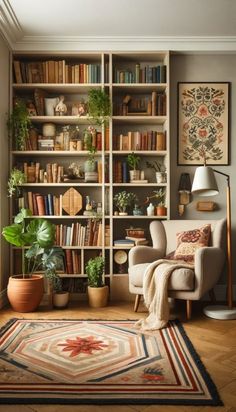 a living room filled with lots of books and plants