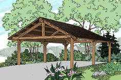 a drawing of a gazebo in the middle of a park with flowers and trees