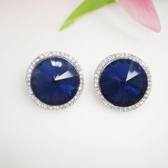 Silver Tone Cubic Zirconia Women's Round Shape Stud Earrings Royal Blue Clip-on Round Crystal Earrings For Gifts, Gift Crystal Clip-on Round Earrings, Gift Round Clip-on Crystal Earrings, Gift Crystal Clip-on Earrings, Blue Drop Clip-on Earrings For Gift, Clip-on Crystal Earrings As Gift, Blue Clip-on Earrings For Anniversary, Blue Clip-on Earrings For A Gift, Blue Clip-on Earrings For Gift