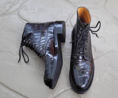 Made with exotic genuine American alligator. Bespoke and handcrafted in USA. Inside lining, sole and heels made with 100% leather. Please contact me for any preferences, color, sizes, custom, or ladies boots in this style. It's better for me to make a good fitting if you send me a message with your foot print (see photo) One FREE alligator slim wallet with your order Piece of leather to check authentication can be send to you with your purchase Luxury Crocodile Pattern Boots, Luxury Fitted Crocodile Pattern Boots, High Cut Dress, Alligator Dress Shoes, American Alligator, Ladies Boots, Foot Print, Cut Dress, Dress Boots