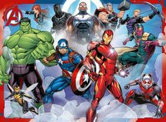 the avengers team is depicted in this cartoon style poster, which features many different superheros