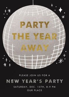 a new year's party flyer with a disco ball and stars in the background