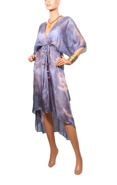 Our “Cascade Robe” is a very easy to fit shape. The silhouette is very forgiving and the drape is generous and makes this a perfect robe for all body types. If you are of a petite built we suggest you see our “Mini Cascade Robe” which is the same exact shape, just 7-8�” shorter than this style. The drawstring sits in the high waist/under bust area and the strings have decorative beads at the end of strings. The top of the sleeve has a slit and shows a very small area of the upper arm. The hemline Decorative Beads, Cape Cod, Silk Printing, Body Types, High Low Dress, Batik, Cape, Party Dress, Cover Up