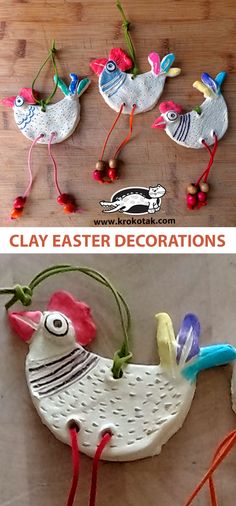 two pictures of clay easter decorations with chickens and roosters on them, one is made out of clay