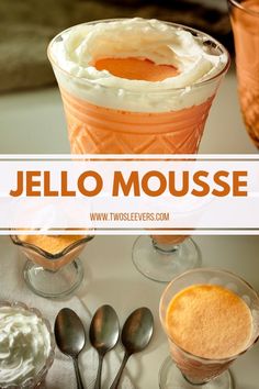 jello mousse in glasses with spoons on the side and an orange bowl next to it