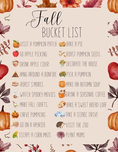 a fall bucket list with pumpkins, apples and other things to do on it