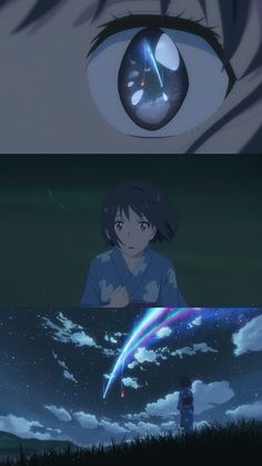 two different anime scenes, one with an eye looking at the sky