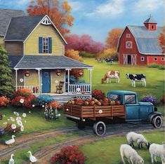 a painting of farm scene with an old truck and farm animals in front of a yellow house