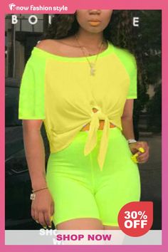 Fluorescent green Fashion Casual Stitching Short Sleeve Top Set Purple Fashion Casual, Yellow Shorts, Green Shorts, Fashion Pattern, Yellow Fashion, New Tops, Green Fashion, Two Pieces, New Black