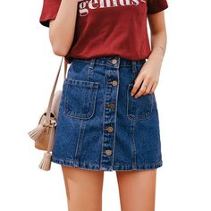 Denim Skirts - Button High Waist A-line Mini Denim Skirts With Strap Jean Skirt Style, Mini Denim Skirts, Jean Skirt Fashion, Korean Skirt, Empire Silhouette, Blue Jean Skirt, Denim Skirt Outfits, Skirt High Waist, Skirts Women