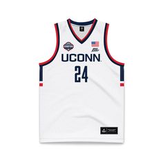 the uconn basketball jersey is white with red, blue and white trims