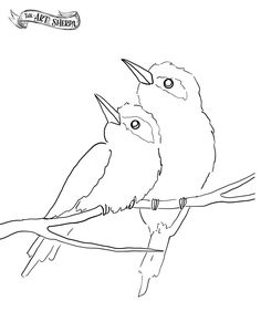 two birds sitting on top of a tree branch with their beaks touching each other