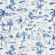 a blue and white beach scene wallpaper with palm trees, surfboards, boats, and people in the water