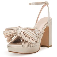 PRICES MAY VARY. ❤ [Measure]: Pleated bow heel sandals heel height approximately 4.13 inches(105mm), platform height approximately 0.98 inches(25mm). ❤ [Feature]: Pleated bow knot heels, Elevated platform, Adjustable ankle buckle strap, Skin Friendly fabric, Padded footbed, Open toe, Chunky Block heel shoes, Bridal wedding heels. ❤ [Comfort]: Designed with the soft padded insole and an adjustable buckled strap, these chunky heel ankle strap sandals provide cushion and comfort with a secure fit f Party Shoes Heels, Wardrobe Capsule, White High Heels, Bridal Wedding Shoes, Bridal Wedding Dress, Red High Heels, Wedding Dress Shoes, Bow Heels, Low Heel Shoes