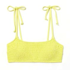 Bright Neon Yellow, Greenish Tone Color Smocked Gathering, Comfort Stretch Styling Across Front And Back For The Perfect Fit No Fasteners In Back Lined, Soft-Cup Bikini Top. Tie-Top Shoulder Straps Cups With Removable Inserts For Shaping And Good Support Shell: Polyamide 87%, Spandex 13% Lining: Polyester 88%, Spandex 12% Sleeveless Swimwear With Smocked Bodice For Vacation, Yellow Smocked Top With Smocked Bodice For Beach, Stretch Smocked Top For Summer Vacation, Trendy Smocked Top For Beach, Yellow Smocked Top For Beach Spring Season, Yellow Smocked Top For Spring Beach Outing, Yellow Smocked Top For Spring Beach, Casual Smocked Top For Beach Vacation, Casual Smocked Top For Vacation During Beach Season