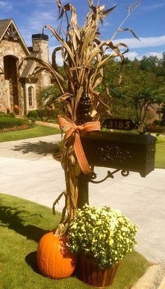 a pumpkin sitting on top of a planter next to a mailbox in front of a house